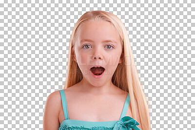 Buy stock photo Wow, portrait and girl child with open mouth emoji on isolated, transparent or png background. Gossip, secret and face kid model with shock for drama, story or announcement, promotion or info