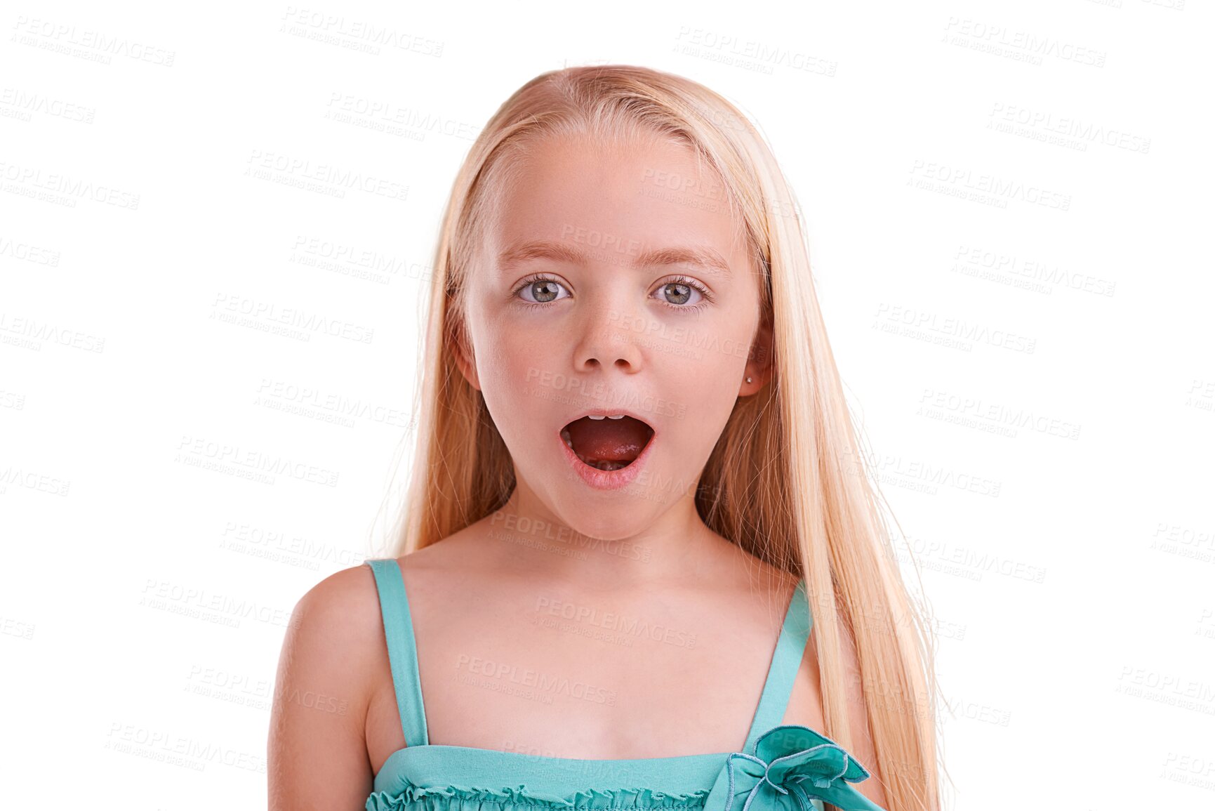 Buy stock photo Wow, portrait and girl child with open mouth emoji on isolated, transparent or png background. Gossip, secret and face kid model with shock for drama, story or announcement, promotion or info