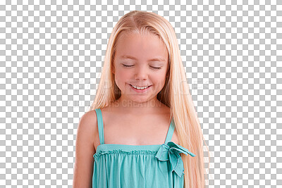 Buy stock photo Relax, smile and happy girl with modern fashion and kids clothing with confidence. Young kid, youth clothes and child from Sweden with calm and dress isolated on a transparent, png background