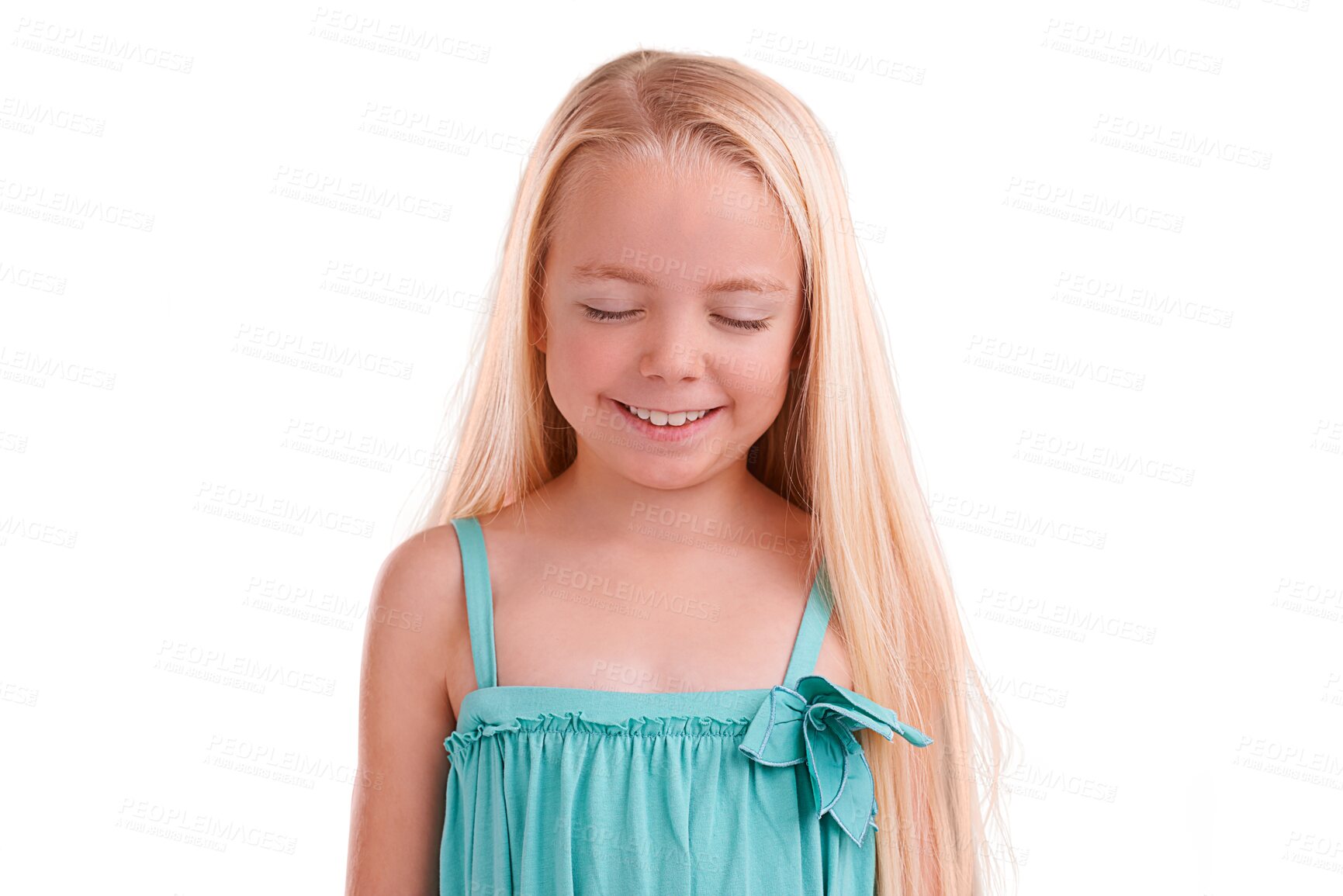 Buy stock photo Relax, smile and happy girl with modern fashion and kids clothing with confidence. Young kid, youth clothes and child from Sweden with calm and dress isolated on a transparent, png background