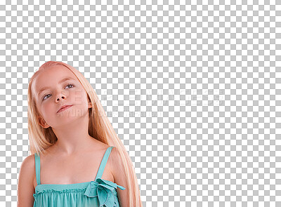 Buy stock photo Thinking, face and girl child brainstorming idea on isolated, transparent or png background. Why, questions and curious kid model with solution, development or planning, problem solving or guess pose