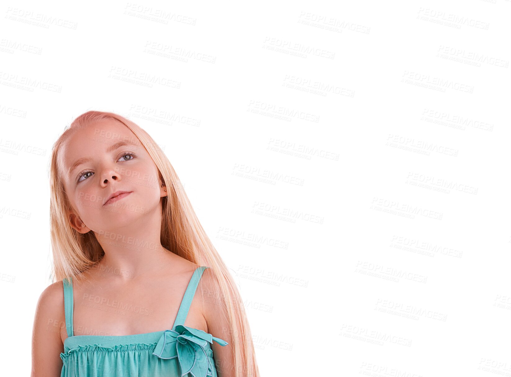 Buy stock photo Thinking, face and girl child brainstorming idea on isolated, transparent or png background. Why, questions and curious kid model with solution, development or planning, problem solving or guess pose