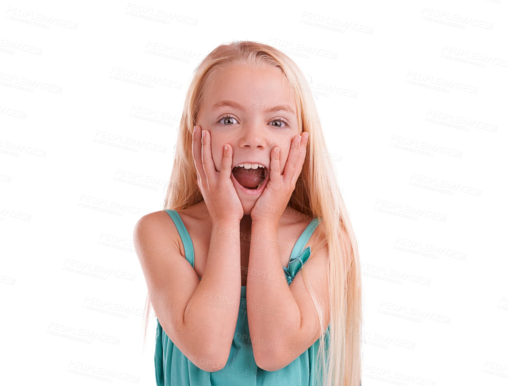 Buy stock photo Portrait, wow and girl child with excited emoji on isolated, transparent or png background. Gossip, secret and face of kid model with emoji shock for drama, story or announcement, promotion or info