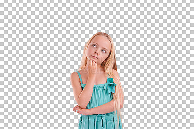 Buy stock photo Idea, thinking and face of girl child brainstorming on isolated, transparent or png background. Why, questions and curious kid model with solution, development or planning, problem solving or guess