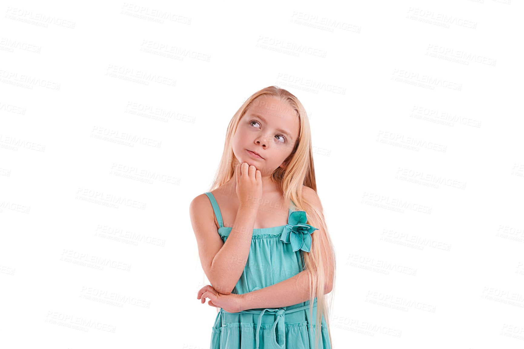 Buy stock photo Idea, thinking and face of girl child brainstorming on isolated, transparent or png background. Why, questions and curious kid model with solution, development or planning, problem solving or guess