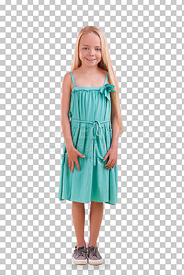 Buy stock photo Portrait, fashion and smile of child in dress isolated on a transparent png background. Happy, young blonde girl in skirt, clothes and style of student, trendy or cute kid and adorable in Switzerland