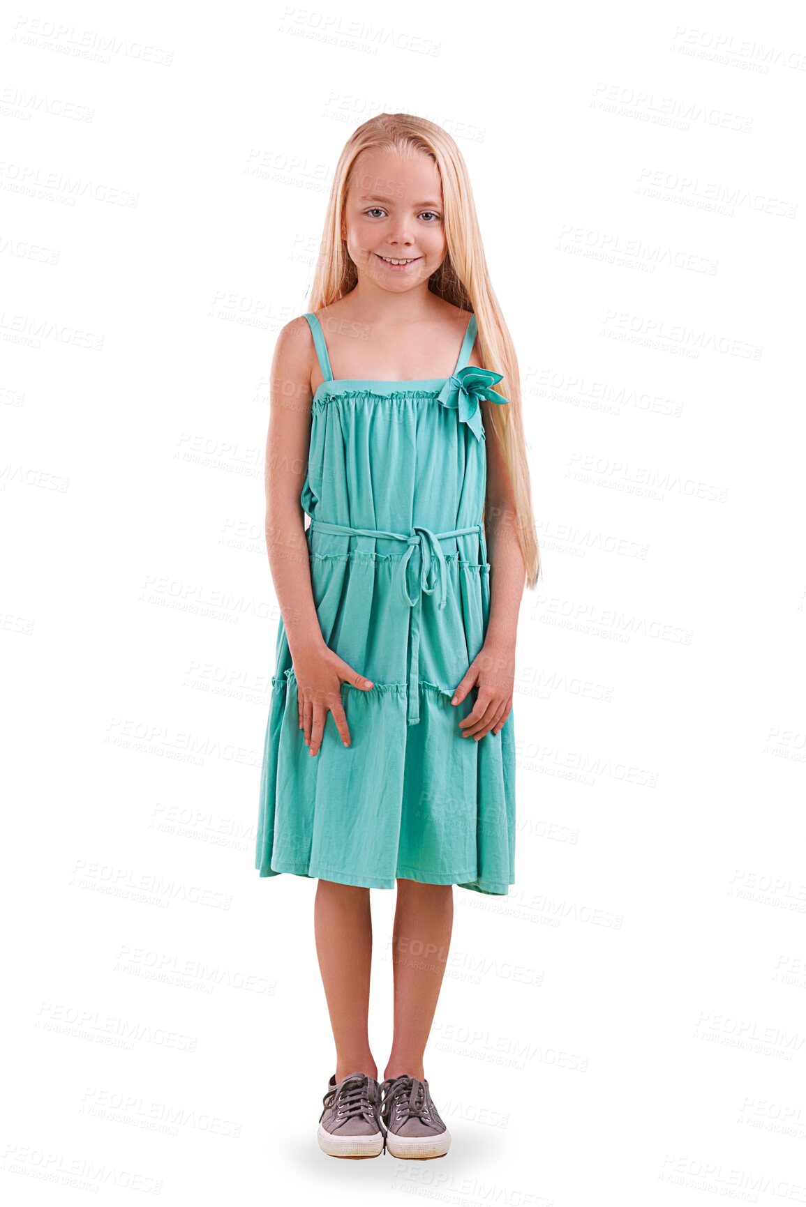 Buy stock photo Portrait, fashion and smile of child in dress isolated on a transparent png background. Happy, young blonde girl in skirt, clothes and style of student, trendy or cute kid and adorable in Switzerland