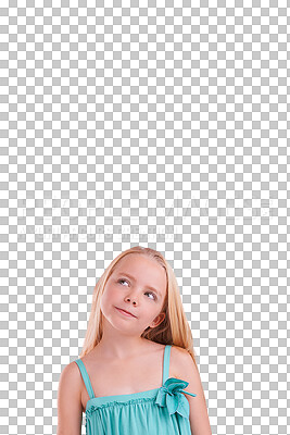 Buy stock photo Thinking, looking up and face of girl child brainstorming on isolated, transparent or png background. Why, questions and curious kid model with solution, development or planning and problem solving