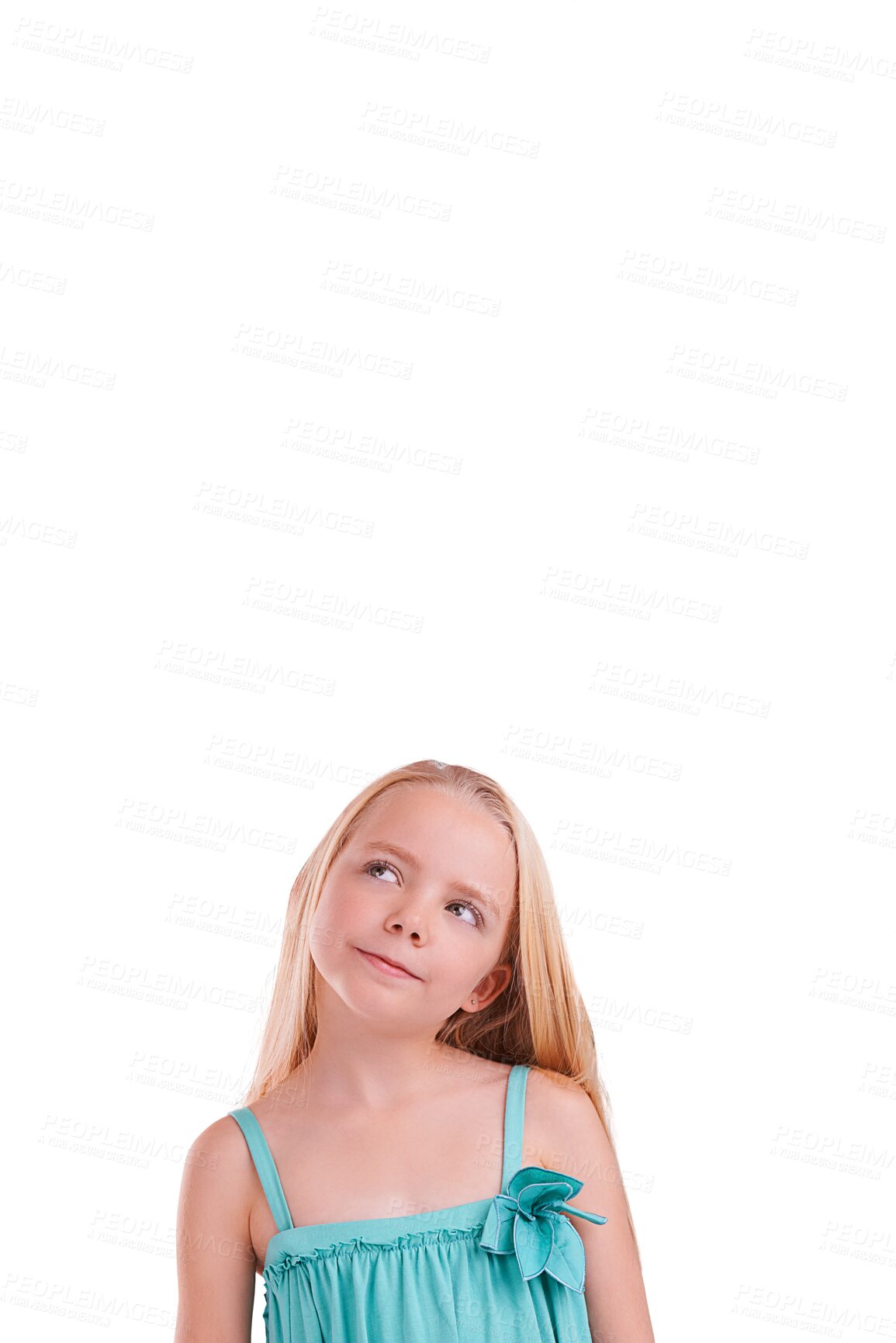 Buy stock photo Thinking, looking up and face of girl child brainstorming on isolated, transparent or png background. Why, questions and curious kid model with solution, development or planning and problem solving