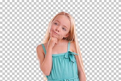 Buy stock photo Thinking, face and girl child brainstorming on isolated, transparent or png background. Children, problem solving and female kid model with why, questions or ask, curious or learning emoji expression