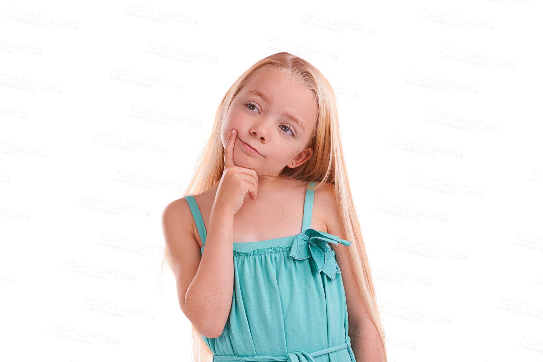 Buy stock photo Thinking, face and girl child brainstorming on isolated, transparent or png background. Children, problem solving and female kid model with why, questions or ask, curious or learning emoji expression