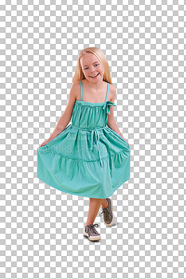 Buy stock photo Portrait, smile and happy girl with curtsy and modern fashion and clothing with dance. Young kid, youth clothes and child from Sweden with joy and dress isolated on a transparent, png background