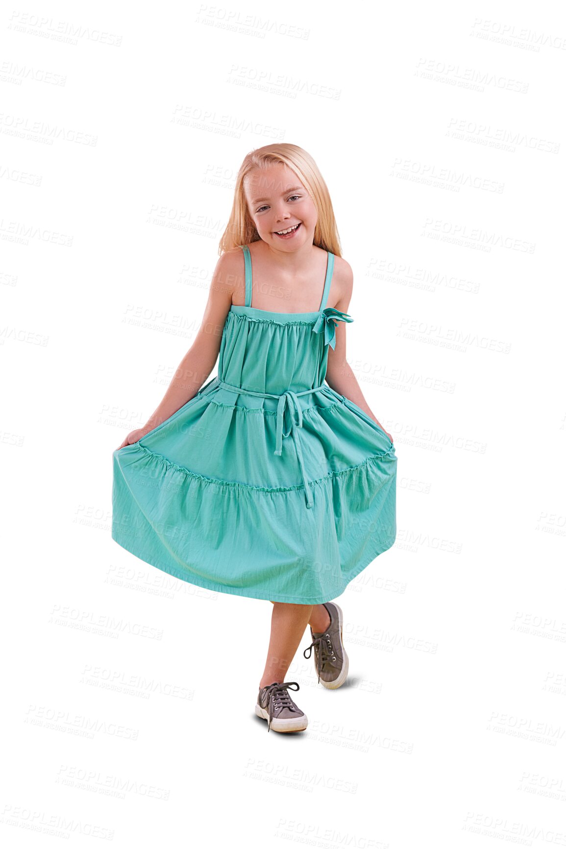 Buy stock photo Portrait, smile and happy girl with curtsy and modern fashion and clothing with dance. Young kid, youth clothes and child from Sweden with joy and dress isolated on a transparent, png background