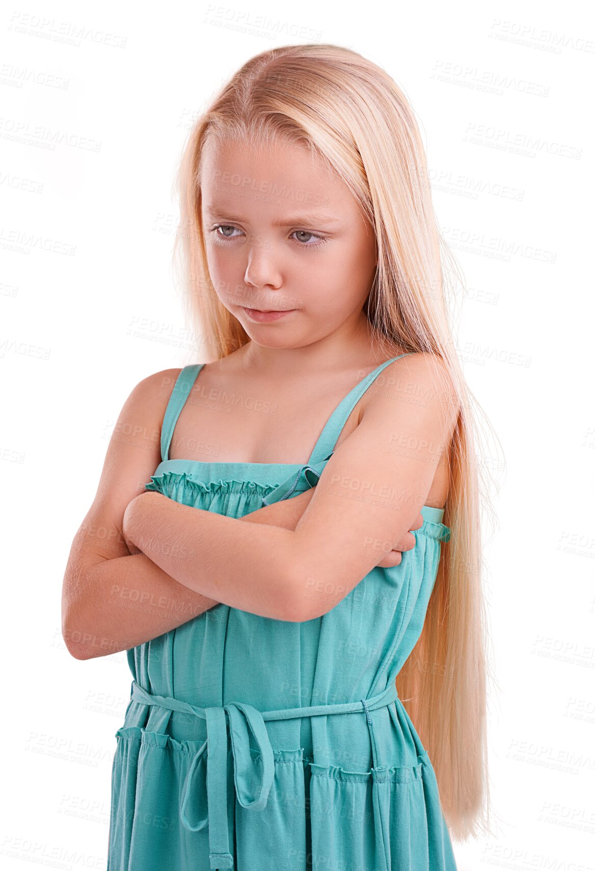 Buy stock photo Isolated girl child, arms crossed or sad for thinking, bad memory or depression by transparent png background. Kid, anxiety or crying for childhood trauma, angry or stress for fear of bullying