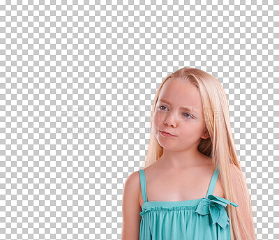 Buy stock photo Face, thinking and girl child brainstorming idea on isolated, transparent or png background. Why, questions and curious kid model with solution, development or planning, problem solving or guess pose