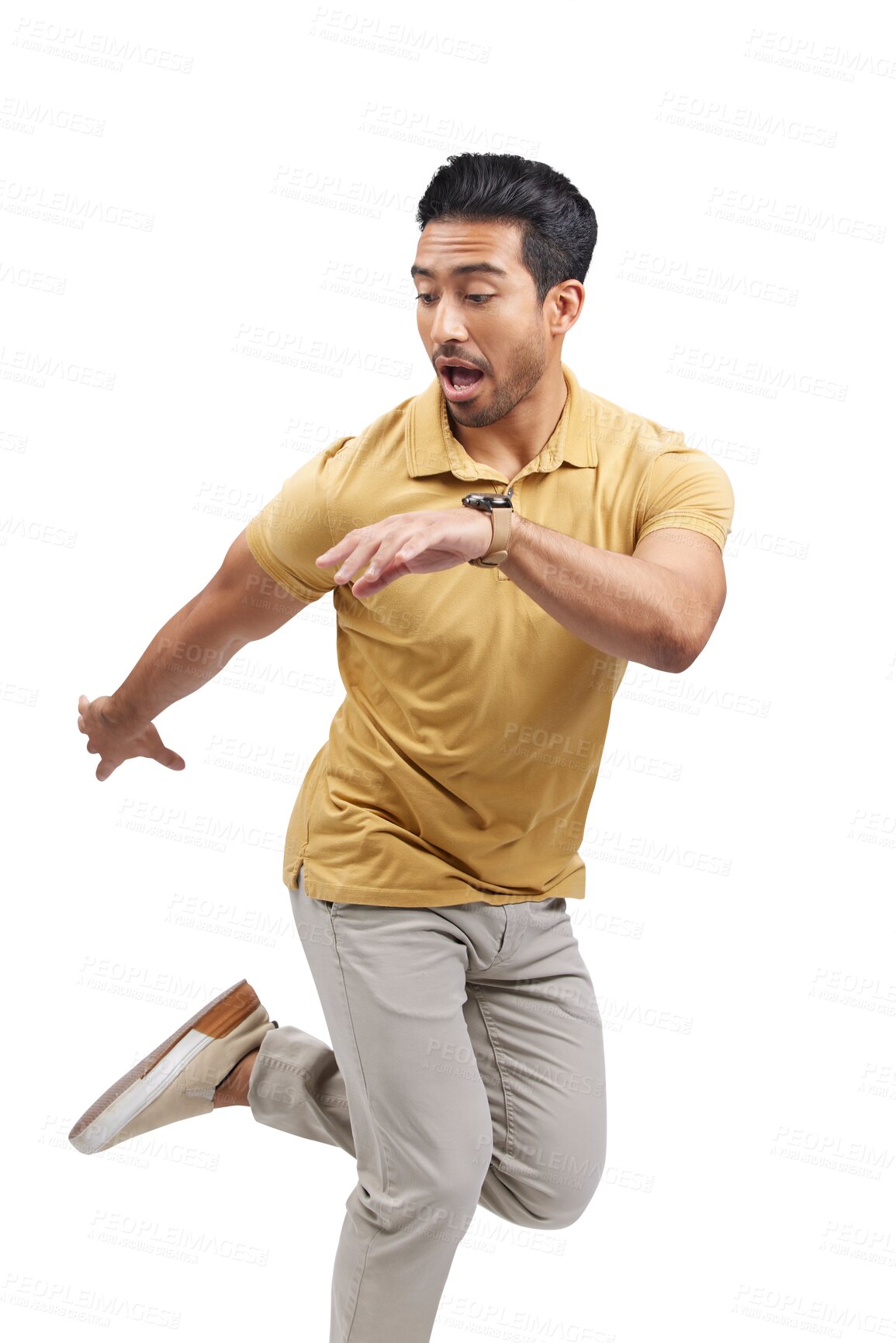 Buy stock photo Dance, movement and man with freedom, energy and performance with comedy and music. Creative, balance and happy with confidence of excited male dancer isolated on a transparent, png background