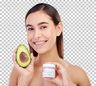 Skincare, portrait and a woman with avocado or cream on a studio