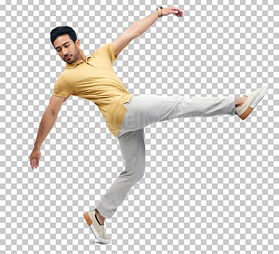 Buy stock photo Dance leap, balance and man with freedom, energy and performance with comedy and music. Creative, moving and action with confidence of male person and dancer isolated on a transparent, png background