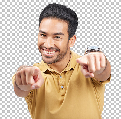 Buy stock photo Portrait, smile and Asian man and pointing to you isolated on a transparent, png background. Happy and person with choice, decision or selection of option, confidence and vote with emoji hand sign