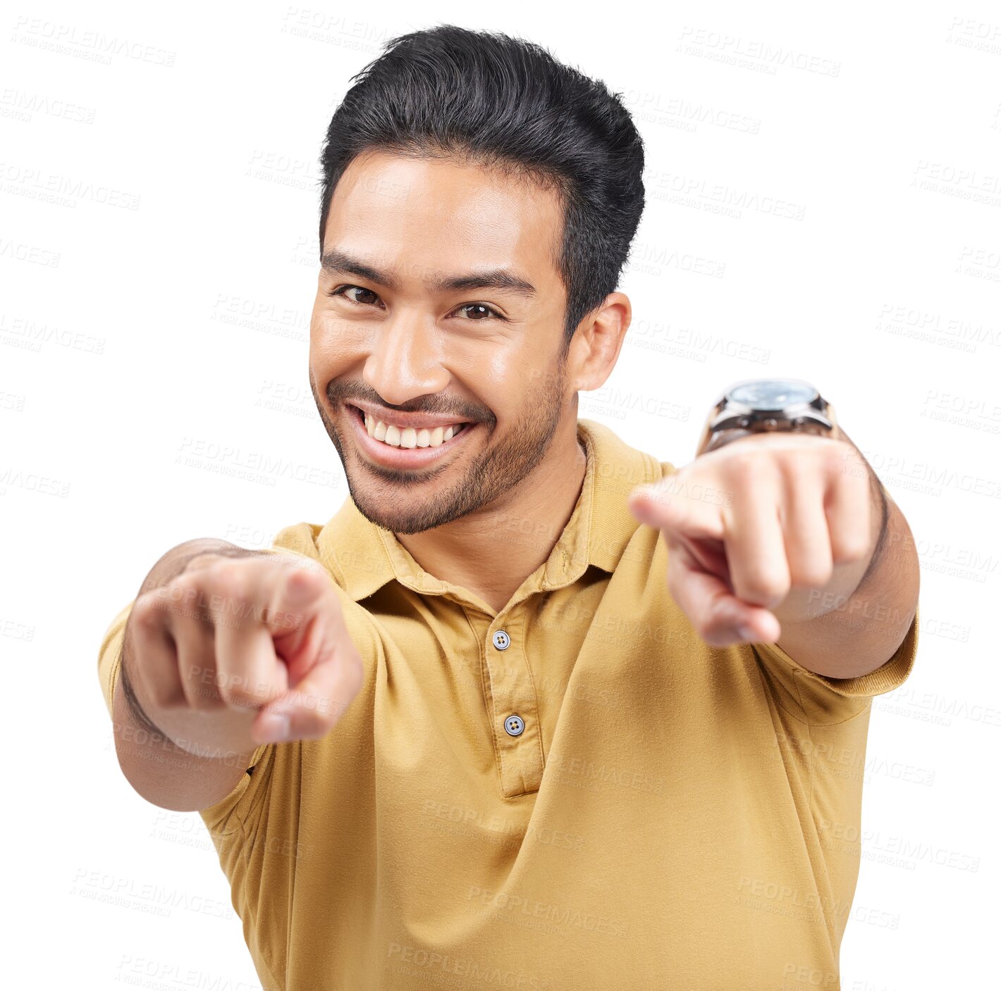 Buy stock photo Portrait, smile and Asian man and pointing to you isolated on a transparent, png background. Happy and person with choice, decision or selection of option, confidence and vote with emoji hand sign