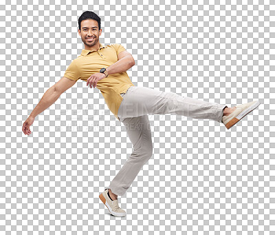 Buy stock photo Dance, happy portrait and man with freedom, energy and performance with comedy and music. Creative, balance and lean with confidence of excited male dancer isolated on a transparent, png background