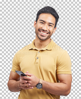 Buy stock photo Portrait, smile and Asian man with a phone with text and social media scroll with confidence. Person, networking and model with online mobile app and internet isolated on transparent, png background