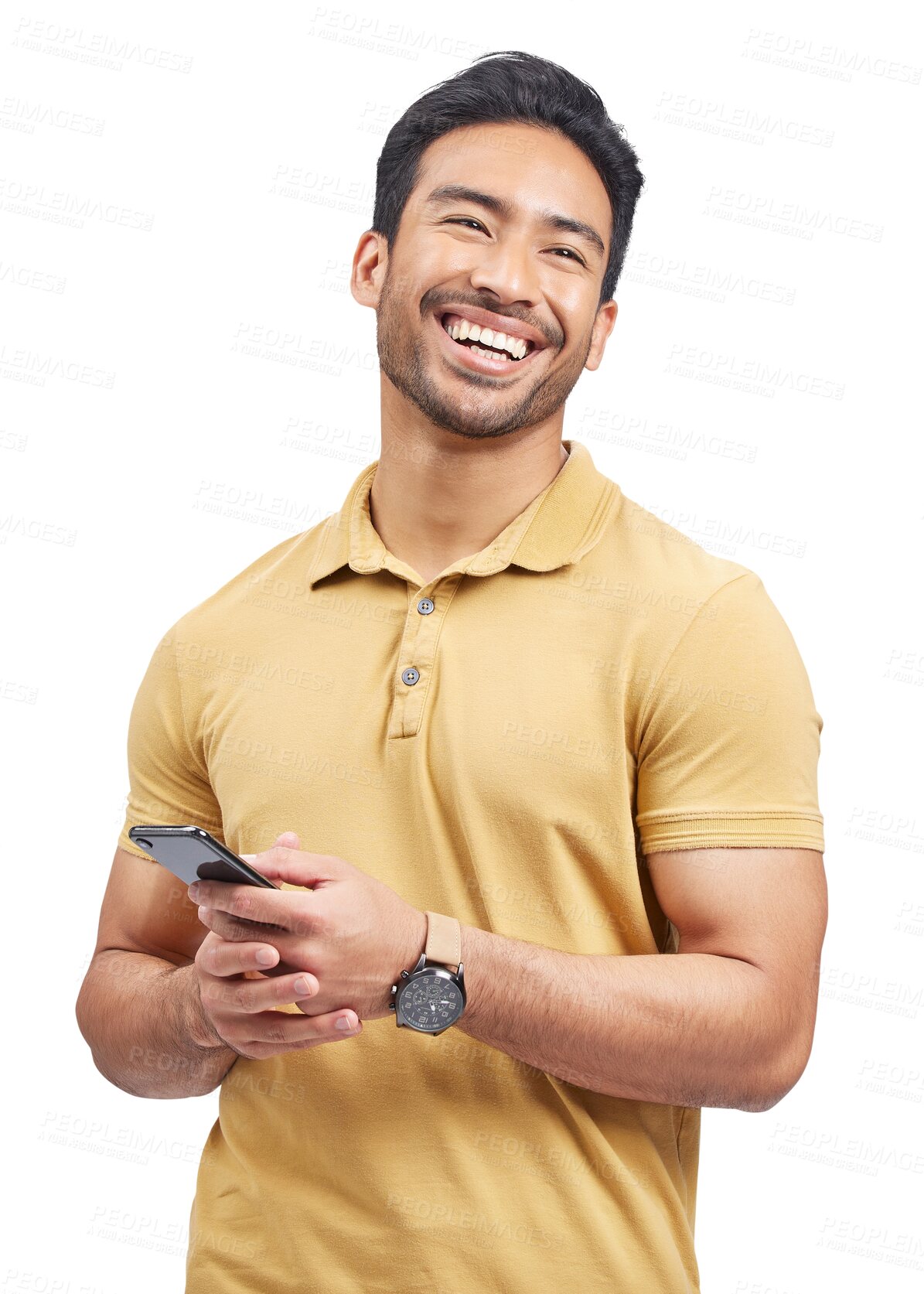 Buy stock photo Thinking, laughing and Asian man with a phone with text and social media scroll with confidence. Funny joke, networking and model with mobile app and internet isolated on transparent, png background