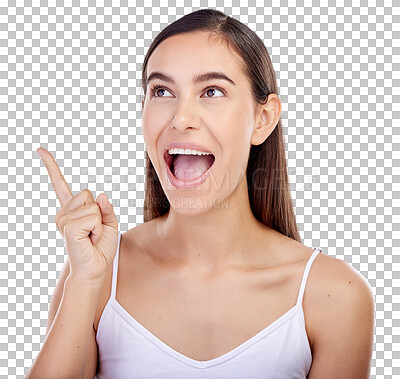 Buy stock photo Isolated woman, pointing and excited with wow, surprise or announcement by transparent png background. Girl, person or model with shock, hand sign or choice for idea, promotion or news with promotion