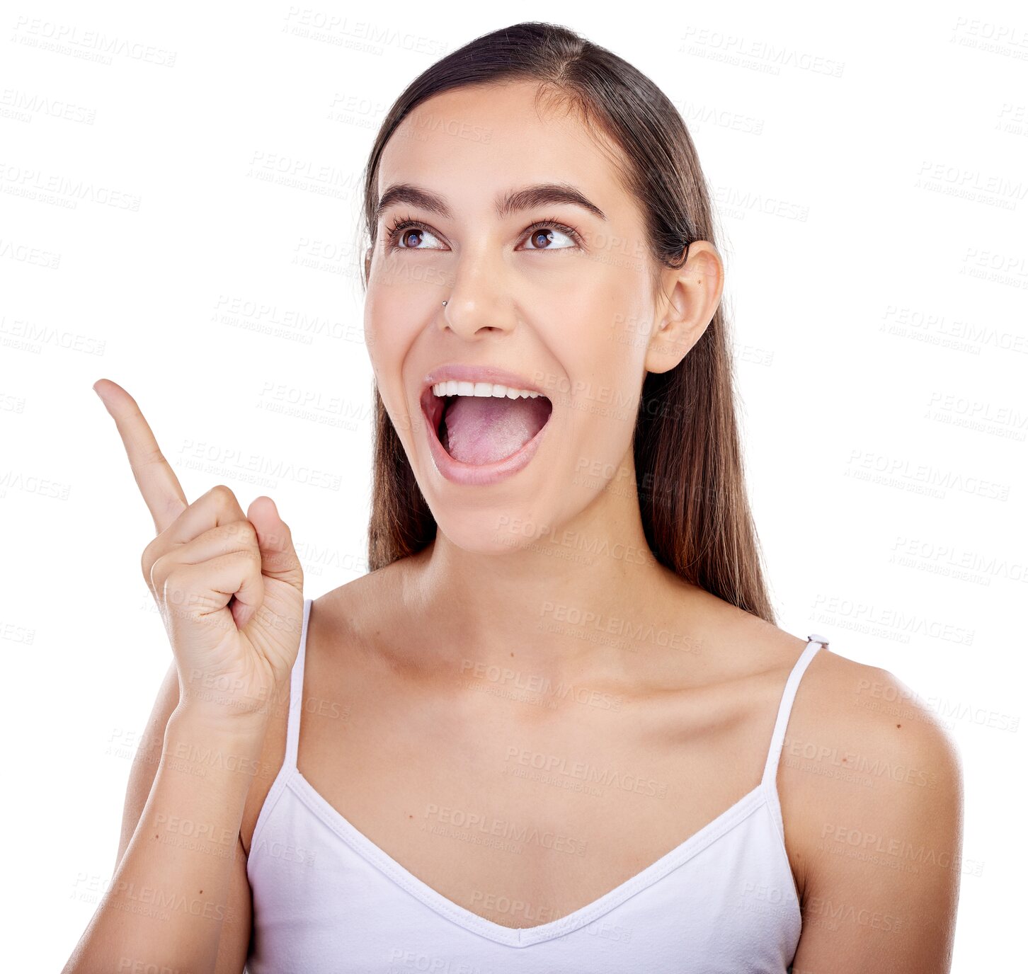 Buy stock photo Isolated woman, pointing and excited with wow, surprise or announcement by transparent png background. Girl, person or model with shock, hand sign or choice for idea, promotion or news with promotion