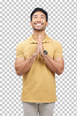 Buy stock photo Isolated man, prayer and hands with looking up, smile and gratitude with faith by transparent png background. Person, praying and happy for religion, peace and trust in God with spiritual connection