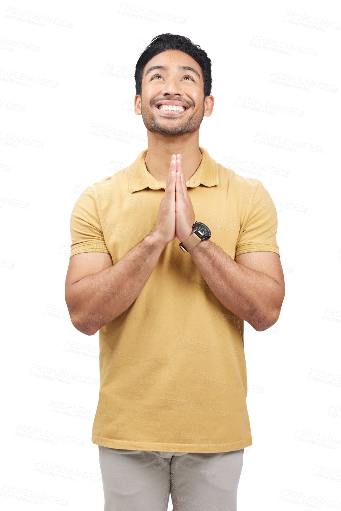 Buy stock photo Isolated man, prayer and hands with looking up, smile and gratitude with faith by transparent png background. Person, praying and happy for religion, peace and trust in God with spiritual connection