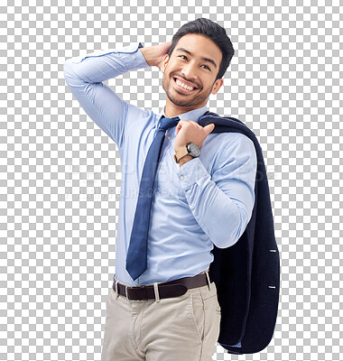 Buy stock photo Isolated business man, thinking and confidence with smile for suit by transparent png background. Entrepreneur, happy and ideas with corporate fashion, clothes or vision for choice, future or career