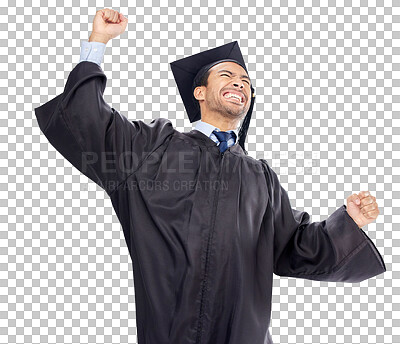 Buy stock photo Isolated graduate man, success and fist with scream, pride and education achievement by transparent png background. University student, graduation and person with cheers, goals and excited for future