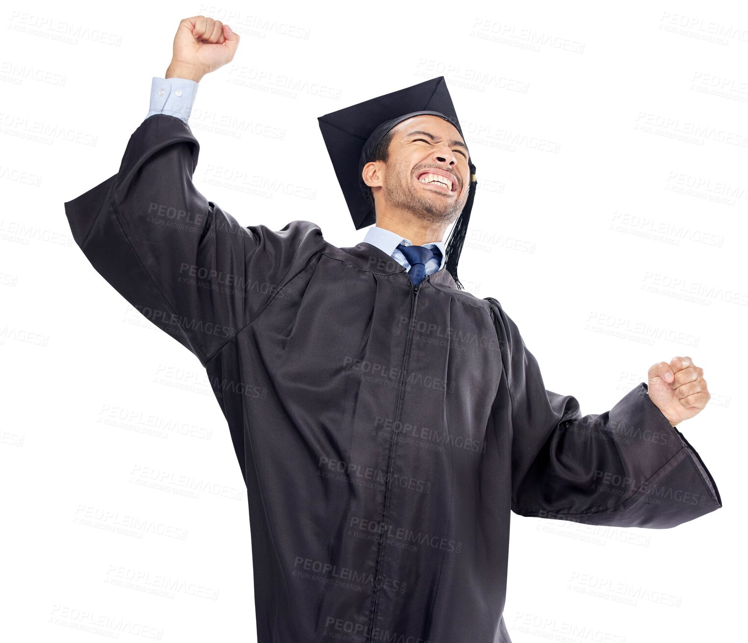 Buy stock photo Isolated graduate man, success and fist with scream, pride and education achievement by transparent png background. University student, graduation and person with cheers, goals and excited for future