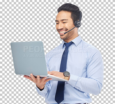 Buy stock photo Call center, smile and man with laptop and internet work isolated on a transparent, png background. Male person, telemarketing and crm planning with pc, website information and tech with call 