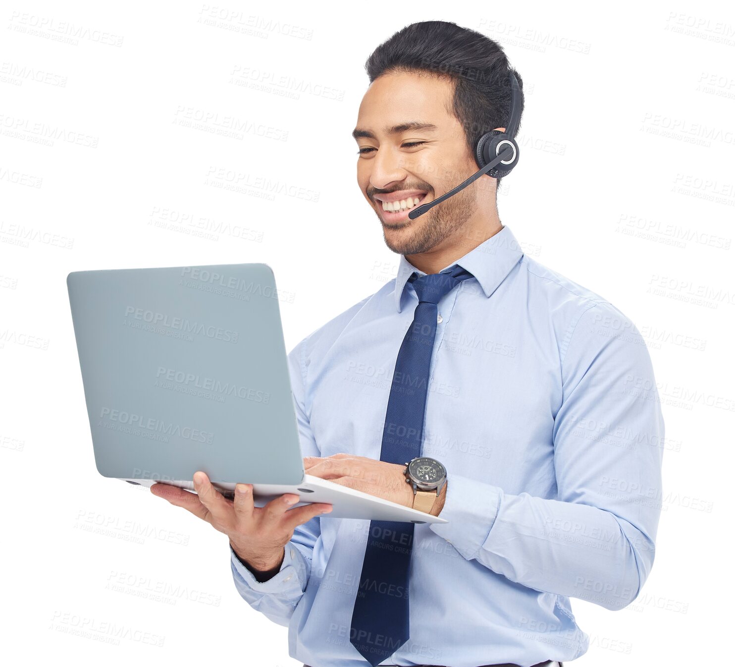 Buy stock photo Call center, smile and man with laptop and internet work isolated on a transparent, png background. Male person, telemarketing and crm planning with pc, website information and tech with call 