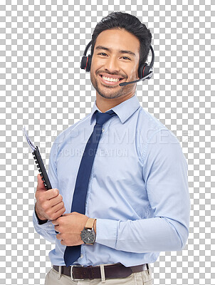 Buy stock photo Business, crm help and Asian man portrait with telemarketing job and work at call center. Person, networking and happy with sale communication and talking isolated on transparent, png background