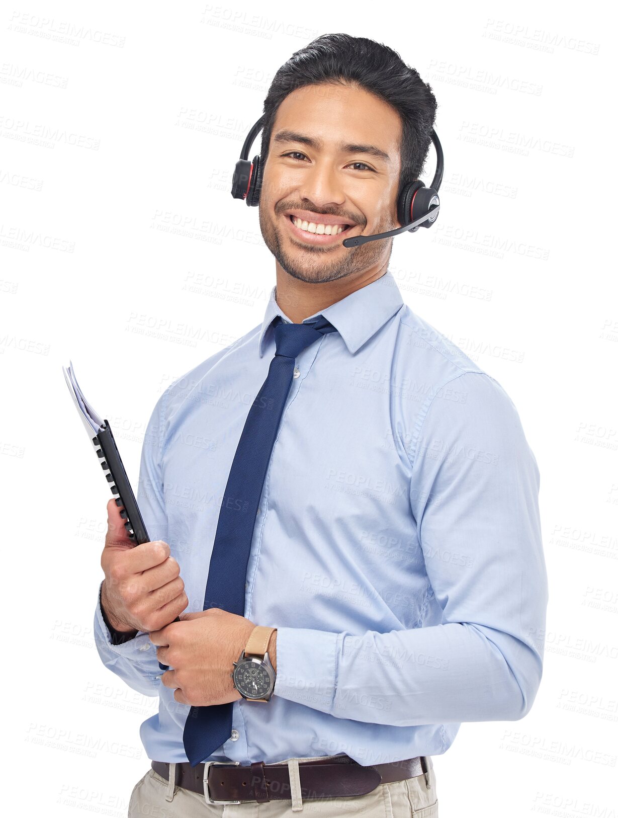 Buy stock photo Business, crm help and Asian man portrait with telemarketing job and work at call center. Person, networking and happy with sale communication and talking isolated on transparent, png background