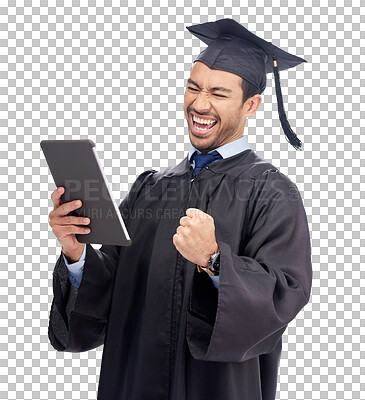 Buy stock photo Isolated graduate man, tablet and celebration with fist, smile or results announcement by transparent png background. University student, graduation or winner for success, goals or excited for future