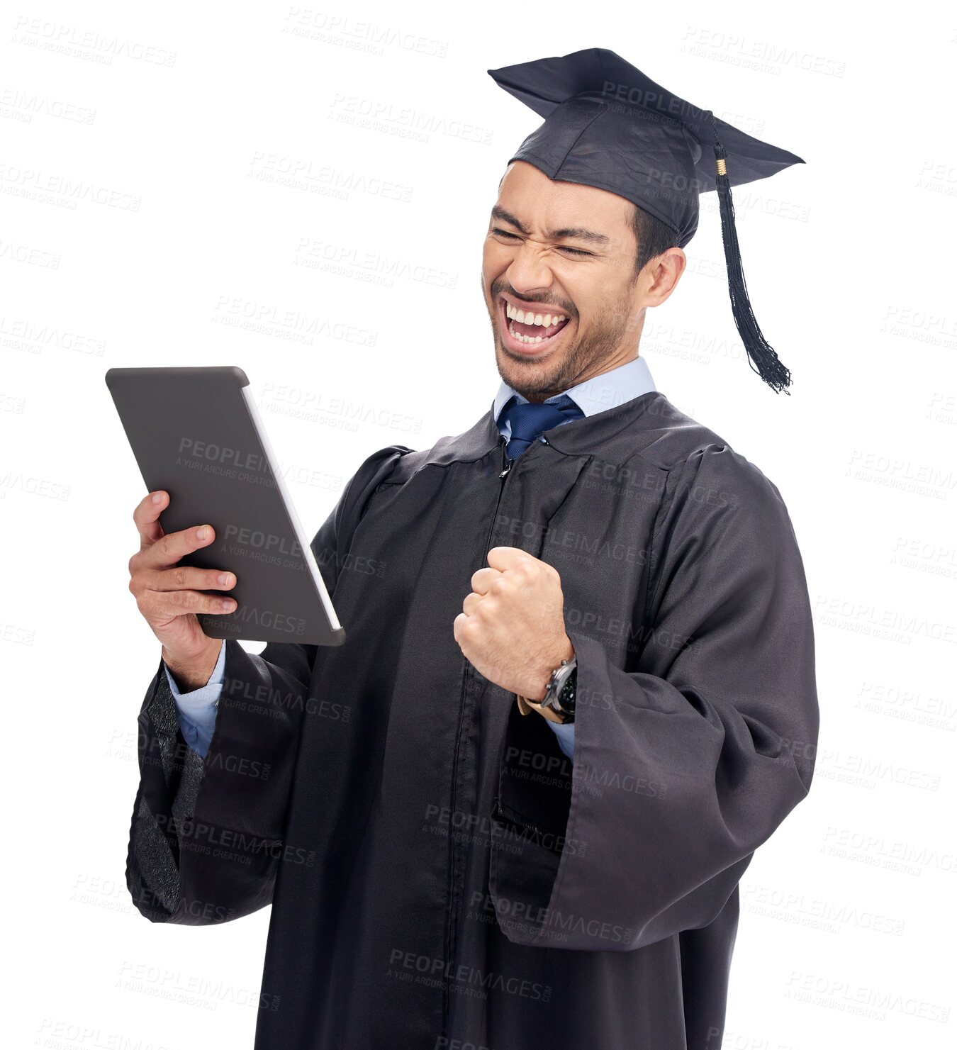 Buy stock photo Isolated graduate man, tablet and celebration with fist, smile or results announcement by transparent png background. University student, graduation or winner for success, goals or excited for future