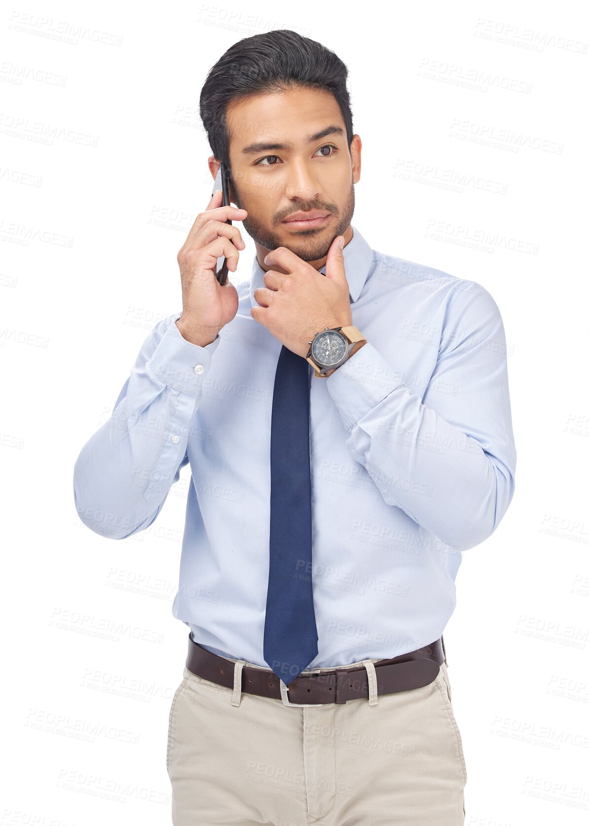 Buy stock photo Business, call and Asian man with a phone with conversation and work discussion with thinking. Person, networking and planning with communication and talking isolated on transparent, png background