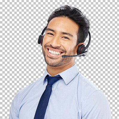 Buy stock photo Call center, crm and Asian man portrait with telemarketing conversation and work discussion. Person, networking and happy with sale communication and talking isolated on transparent, png background