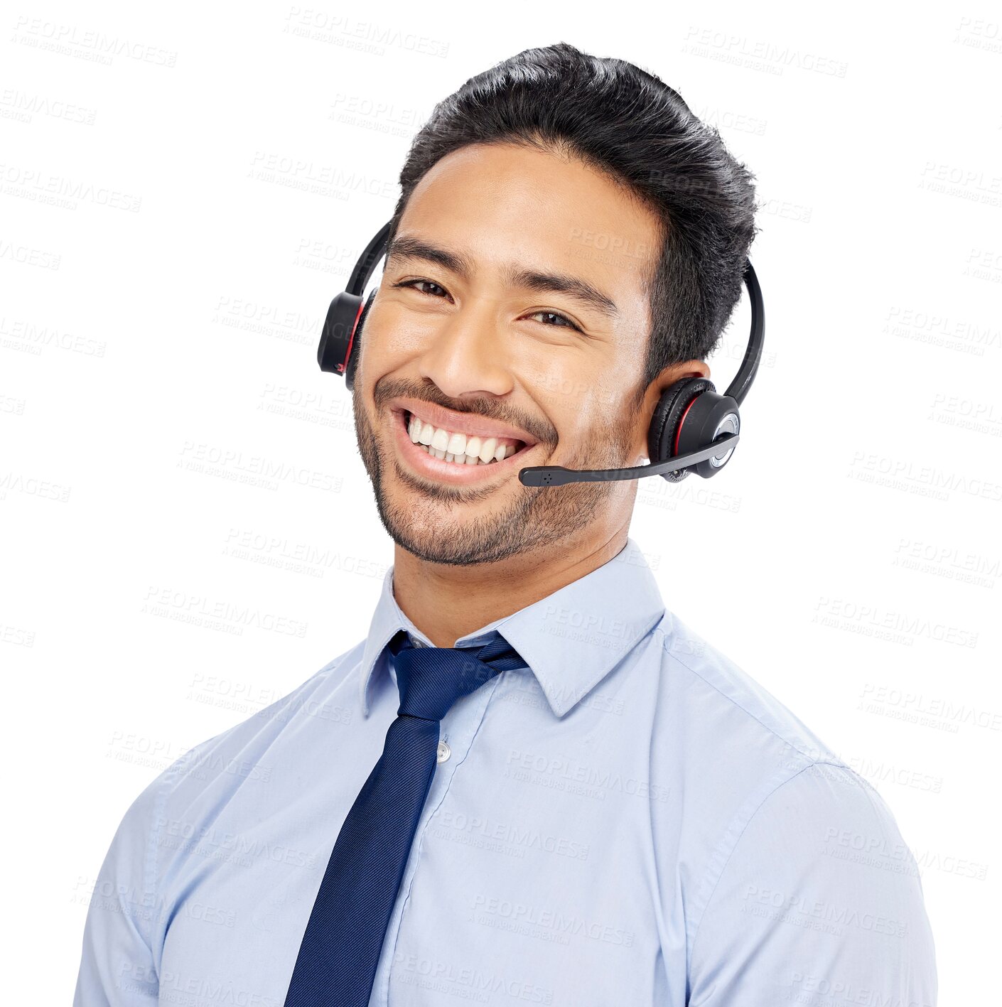 Buy stock photo Call center, crm and Asian man portrait with telemarketing conversation and work discussion. Person, networking and happy with sale communication and talking isolated on transparent, png background