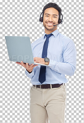 Buy stock photo Call center, smile and man portrait with laptop and internet work isolated on a transparent, png background. Male person, telemarketing and crm planning with pc, website information and tech call 