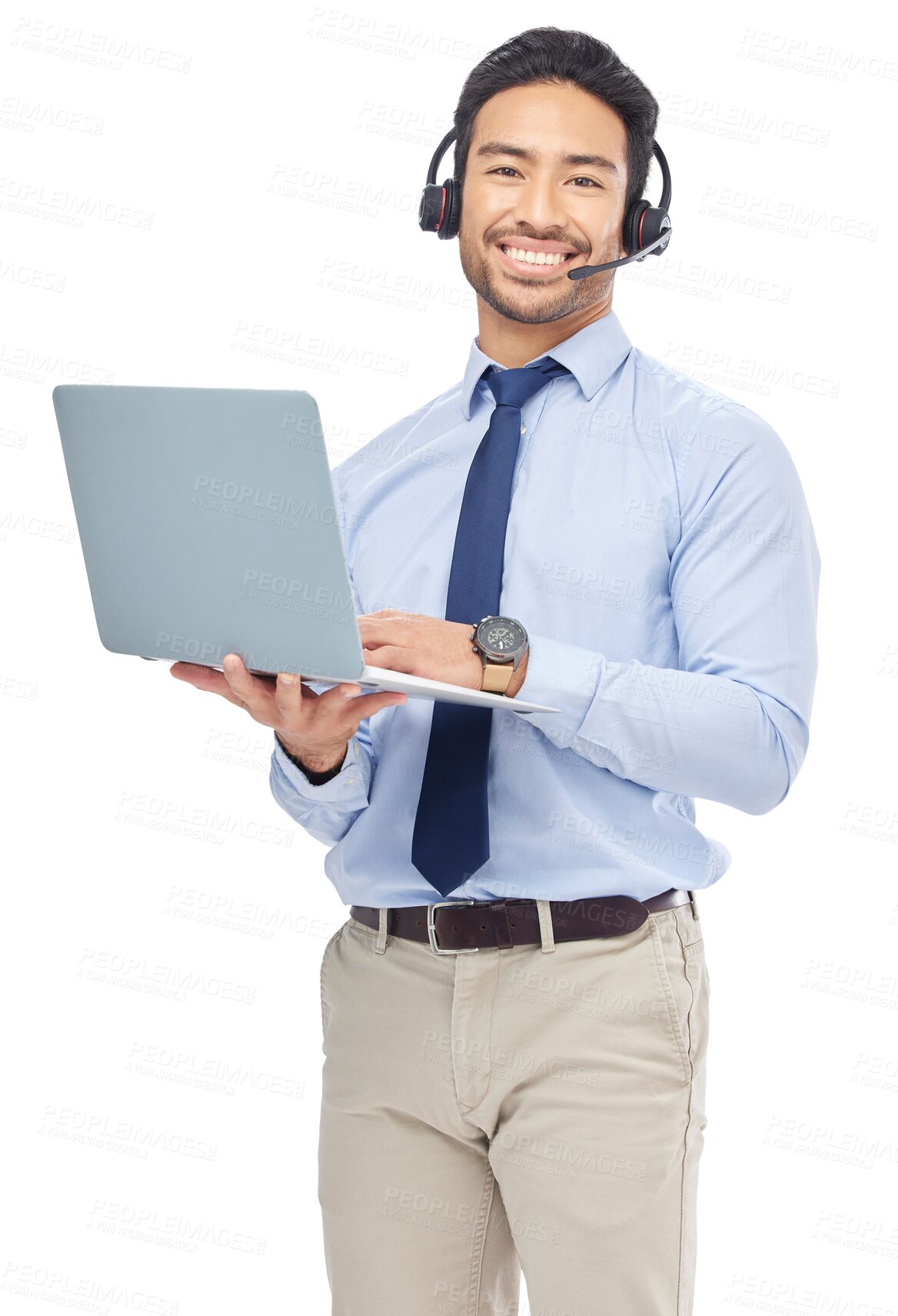 Buy stock photo Call center, smile and man portrait with laptop and internet work isolated on a transparent, png background. Male person, telemarketing and crm planning with pc, website information and tech call 