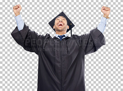 Buy stock photo Isolated graduate man, cheers and fist with scream, pride and education achievement by transparent png background. University student, graduation and person with success, goals and excited for future