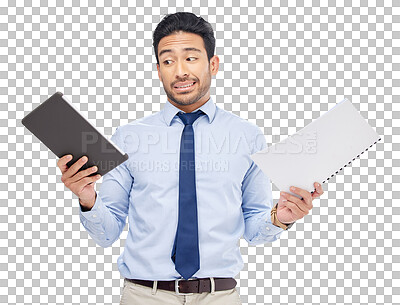 Buy stock photo Isolated man, tablet and paper for choice, thinking or eco accountability at agency by transparent png background. Entrepreneur, businessman and decision for paperless, documents and sustainability