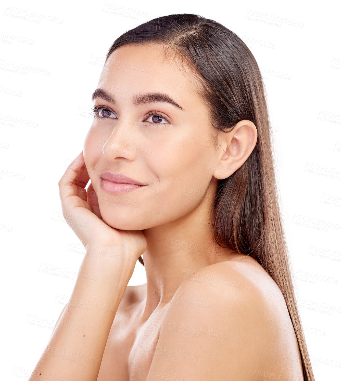 Buy stock photo Isolated woman, skincare and beauty with thinking, wellness and natural glow by transparent png background. Girl, model and ideas for cosmetics, skin health and dermatology with facial transformation