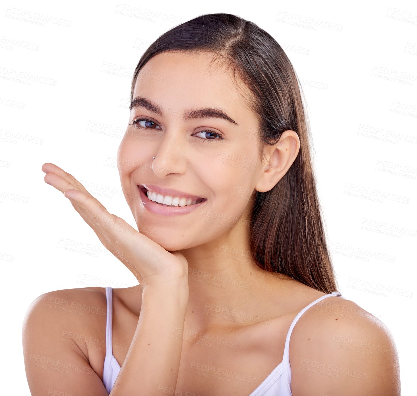 Buy stock photo Isolated woman, skincare and portrait with hand to show results, smile or beauty by transparent png background. Girl, model and happy with cosmetics, natural glow and facial dermatology for change