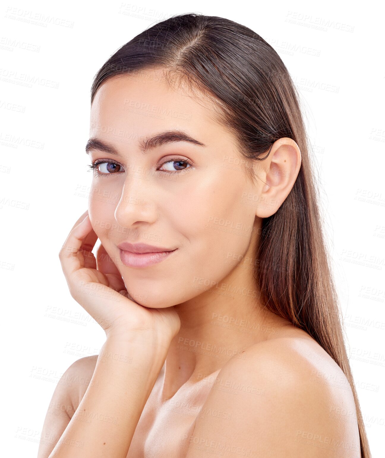 Buy stock photo Isolated woman, skincare and beauty in portrait, wellness and natural glow by transparent png background. Girl, model and results for cosmetics, skin health and dermatology with facial transformation